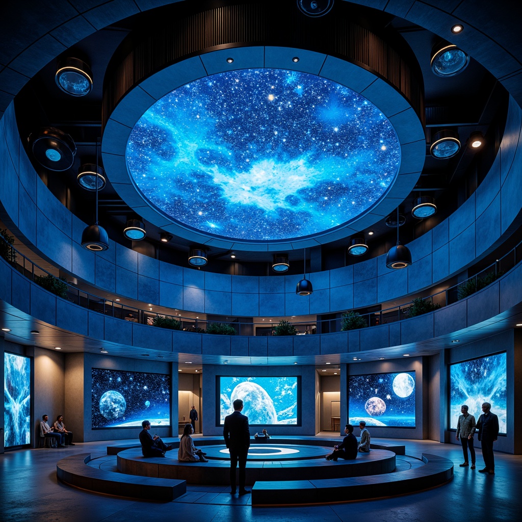 Prompt: Futuristic planetarium, spherical dome structure, sleek metal cladding, LED lighting installations, starry night sky projections, celestial body displays, minimalist interior design, circular seating arrangements, interactive astronomy exhibits, virtual reality experiences, ambient soundscapes, dark blue tones, neon accents, geometric patterns, holographic projections, 360-degree viewing angles, wide-angle lenses, low-light photography, shallow depth of field, 2/3 composition, atmospheric lighting effects, realistic textures.