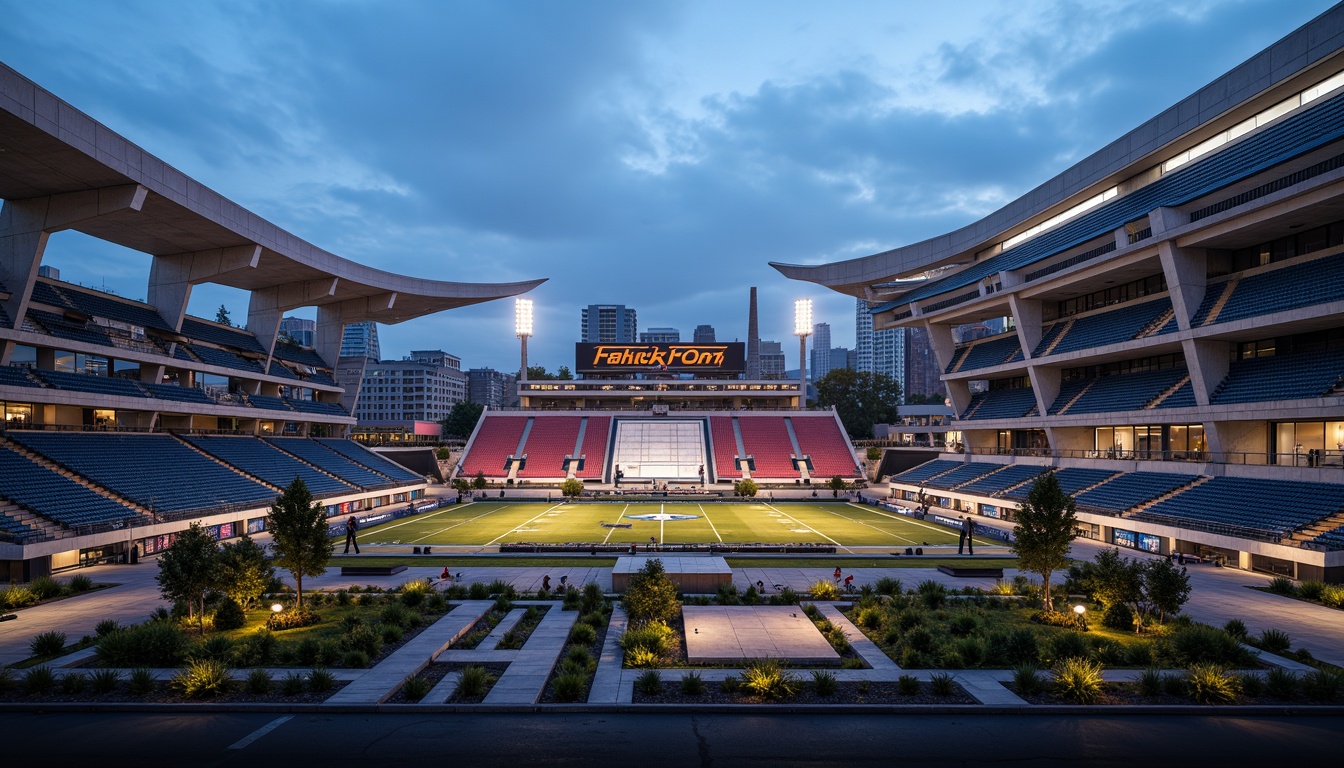 Prompt: Angular football stadium, asymmetrical facades, cantilevered roofs, exposed steel structures, dynamic curved lines, bold geometric shapes, vibrant team colors, sleek glass surfaces, modernist architecture, urban cityscape, evening floodlights, dramatic shadows, low-angle photography, 2/3 composition, realistic textures, ambient occlusion, atmospheric mist.