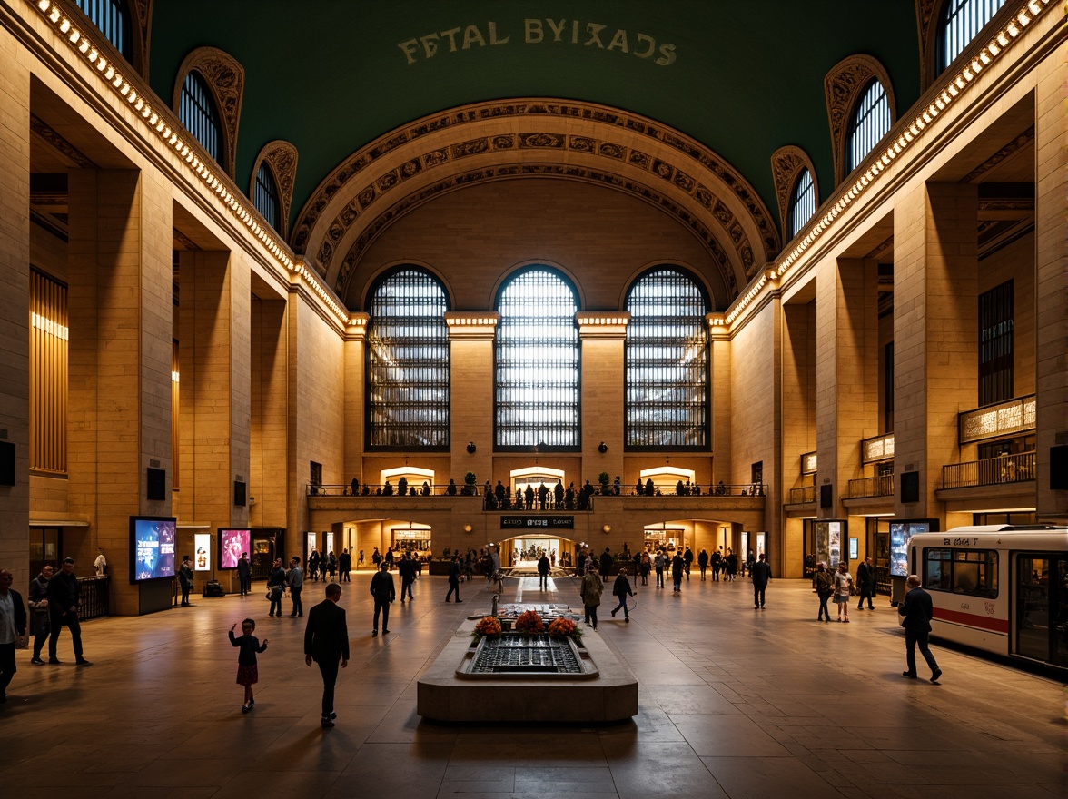 Prompt: Grand metro station, Romanesque archways, vaulted ceilings, ornate columns, intricate stone carvings, warm golden lighting, bustling urban atmosphere, modern transportation hub, sleek metal rails, futuristic trains, vibrant advertisement displays, busy pedestrian traffic, shallow depth of field, 1/2 composition, realistic textures, ambient occlusion.