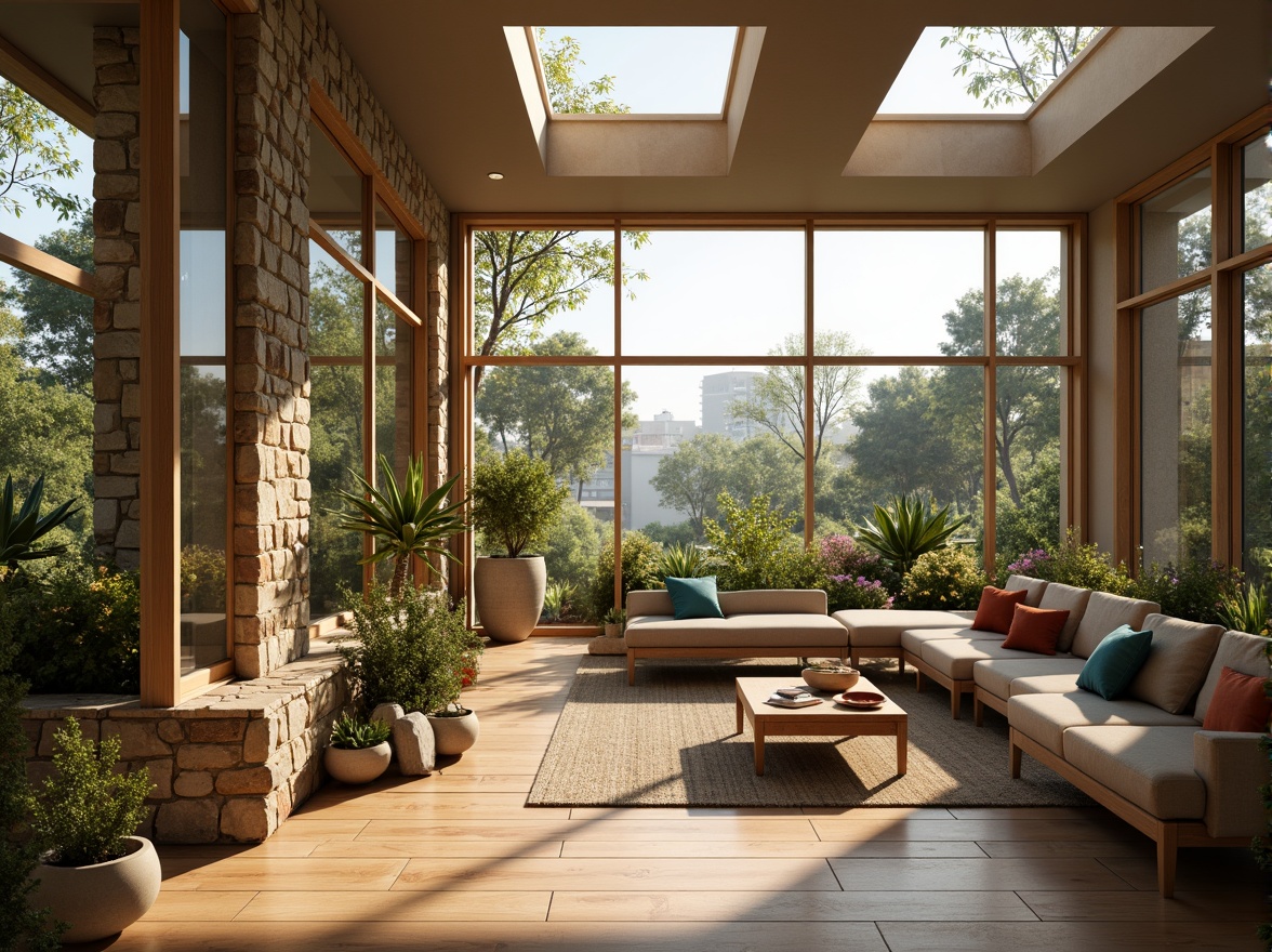 Prompt: Cozy living room, large windows, soft warm lighting, natural stone walls, wooden floors, minimalist decor, greenery views, blooming flowers, sunny day, shallow depth of field, 3/4 composition, panoramic view, realistic textures, ambient occlusion, clerestory windows, skylights, sliding glass doors, open floor plan, reflective surfaces, warm color palette, textured fabrics, organic shapes.