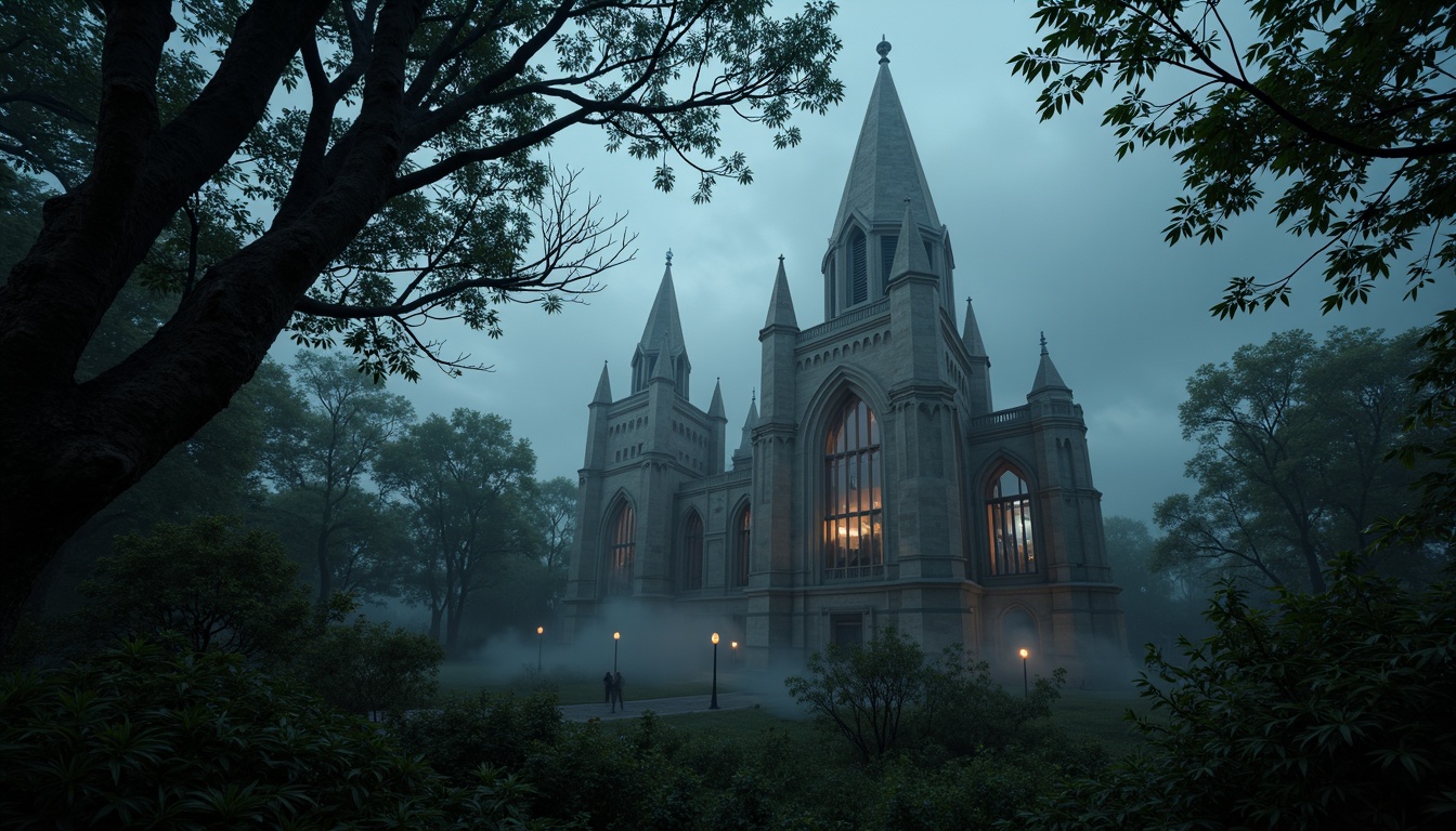 Prompt: Mysterious forest, twisted tree branches, eerie fog, ancient stone ruins, Gothic spires, pointed arches, ribbed vaults, flying buttresses, grand cathedrals, stained glass windows, intricate stone carvings, mystical atmosphere, warm candlelight, dramatic shadows, misty dawn, low-angle shot, cinematic composition, atmospheric perspective, rich textures, subtle color grading.