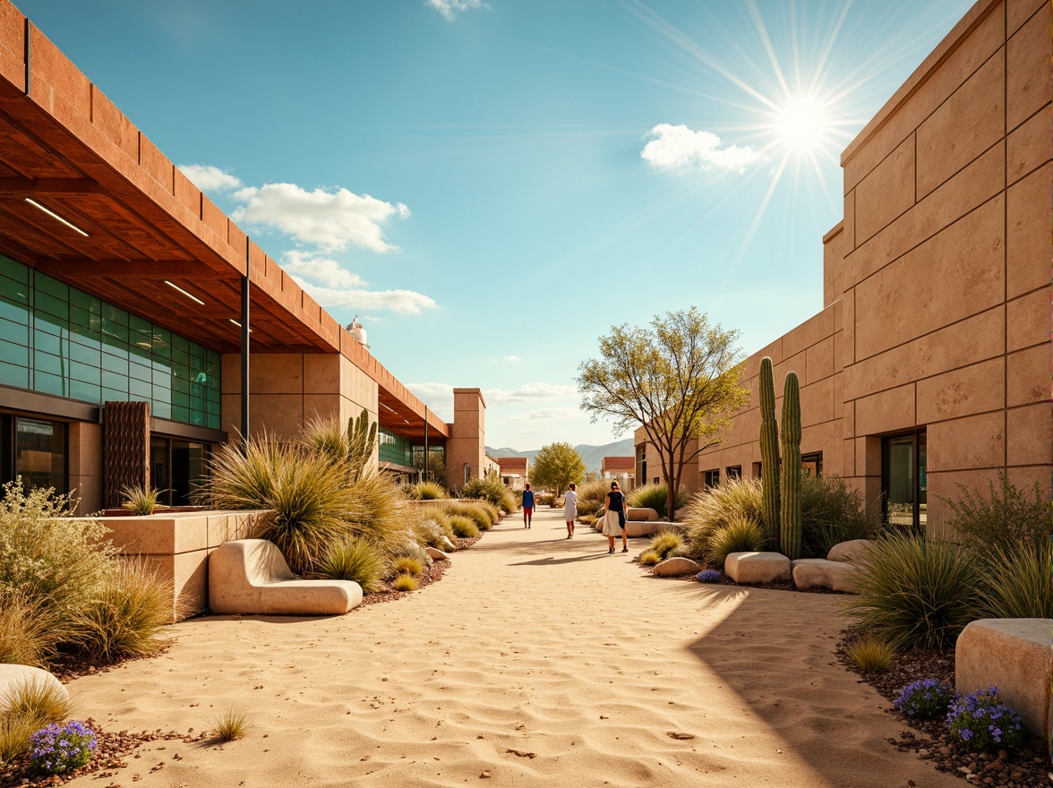 Prompt: Vibrant desert landscape, sandy dunes, cactus plants, hot sunny day, clear blue sky, vast open space, modern metro station architecture, earthy tones, warm beige walls, rusty red accents, turquoise glass tiles, sand-blasted metal textures, geometric patterns inspired by Native American art, warm golden lighting, shallow depth of field, 3/4 composition, panoramic view, realistic renderings, ambient occlusion.