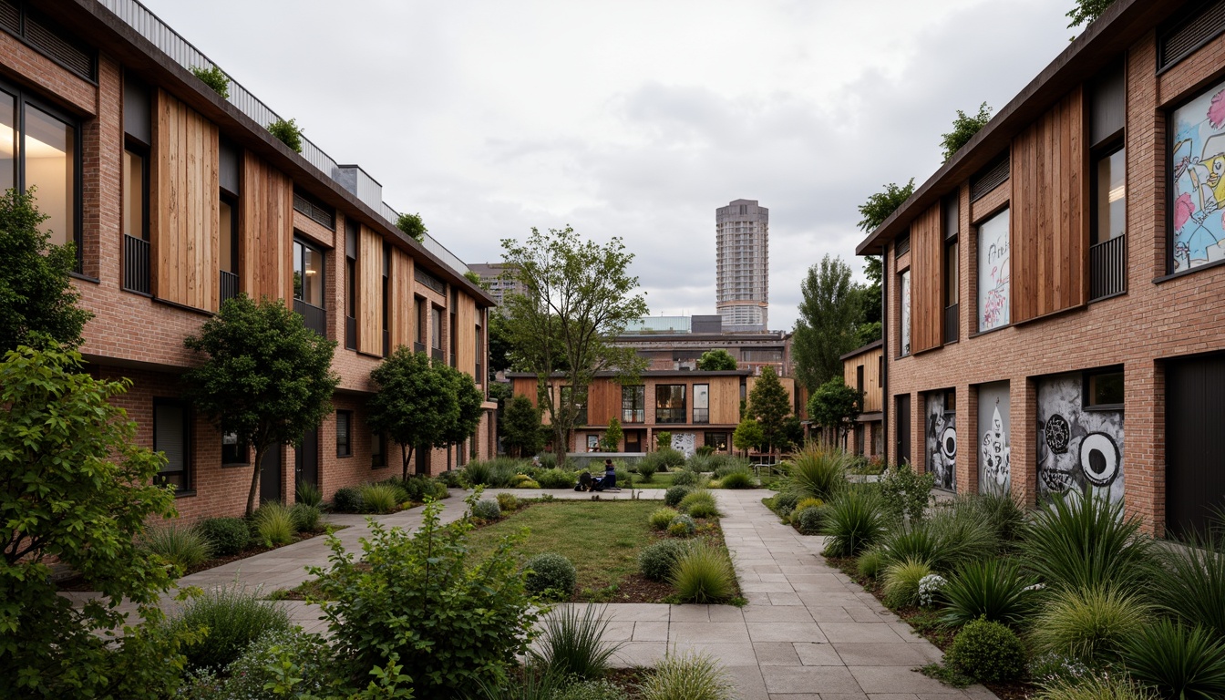 Prompt: Earthy social housing complex, exposed brick facades, raw concrete walls, reclaimed wood accents, corrugated metal roofs, industrial-style windows, communal gardens, lush greenery, vibrant street art, urban landscape, overcast sky, warm soft lighting, shallow depth of field, 3/4 composition, realistic textures, ambient occlusion.