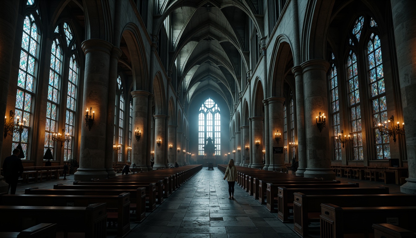 Prompt: Mysterious Gothic cathedral, intricate stone carvings, vaulted ceilings, stained glass windows, dark mysterious corridors, ornate wooden pews, dramatic lighting, eerie shadows, cold grey stone walls, richly textured tapestries, luxurious velvet drapes, mystical ambiance, foggy misty atmosphere, warm candlelight, 1/2 composition, low-key lighting, cinematic mood, subtle color grading.