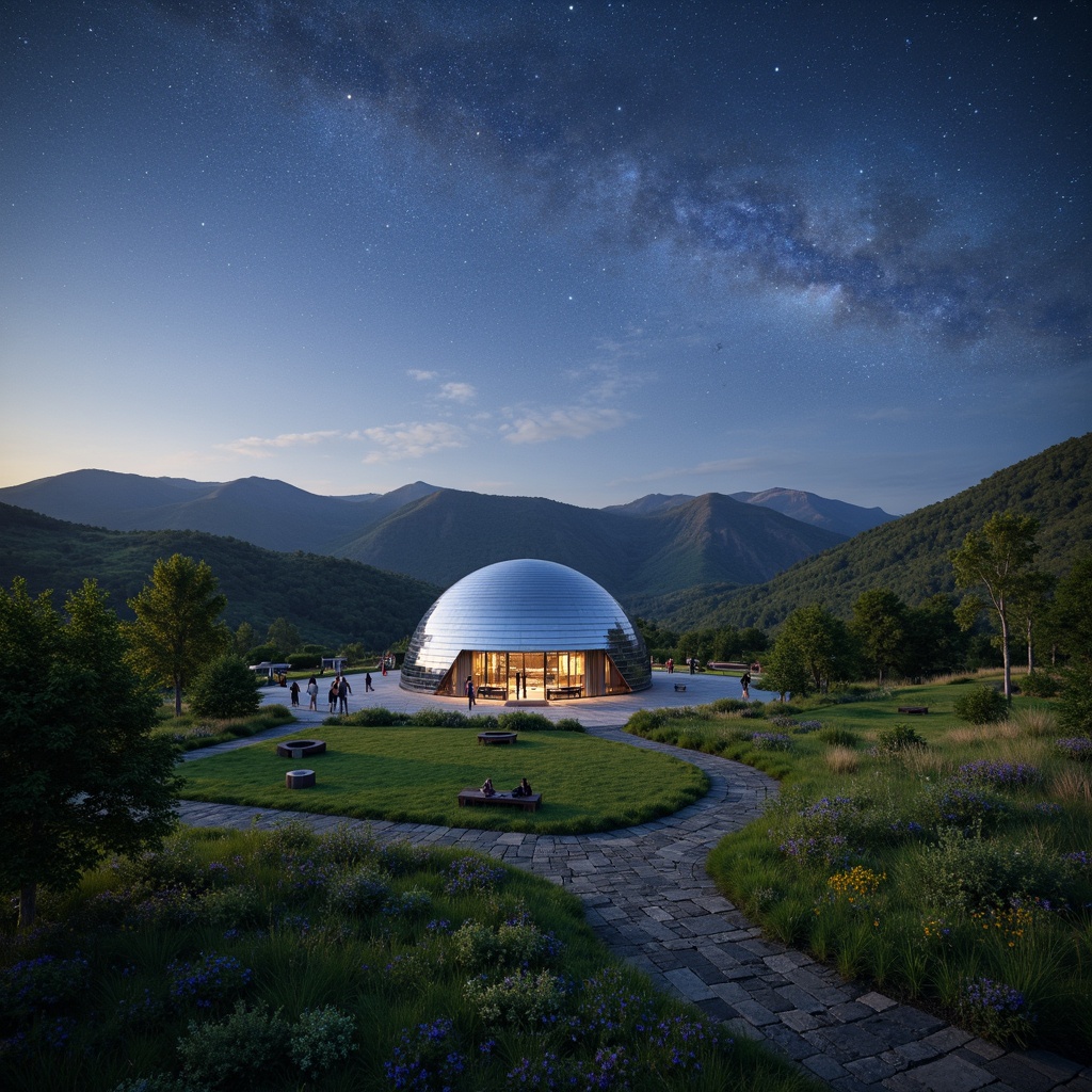 Prompt: Grassland planetarium, rolling hills, natural scenery, starry night sky, observatory dome, futuristic architecture, sleek metal exterior, large glass windows, panoramic views, telescopes, astronomy equipment, interactive exhibits, educational signs, native wildflowers, grassy lawns, meandering pathways, rustic wooden benches, ambient soft lighting, 3/4 composition, shallow depth of field, realistic textures, misting systems.