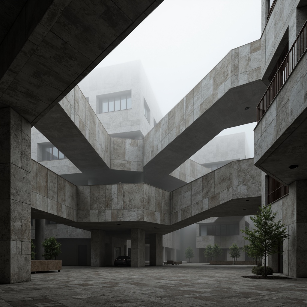 Prompt: Rugged brutalist architecture, raw concrete textures, exposed ductwork, industrial steel beams, cantilevered structures, geometric shapes, monochromatic color palette, atmospheric fog, misty morning light, shallow depth of field, 2/3 composition, symmetrical framing, high-contrast shadows, ambient occlusion, tactile roughness, weathered stone walls, oxidized metal accents, minimalist ornamentation, functional simplicity.