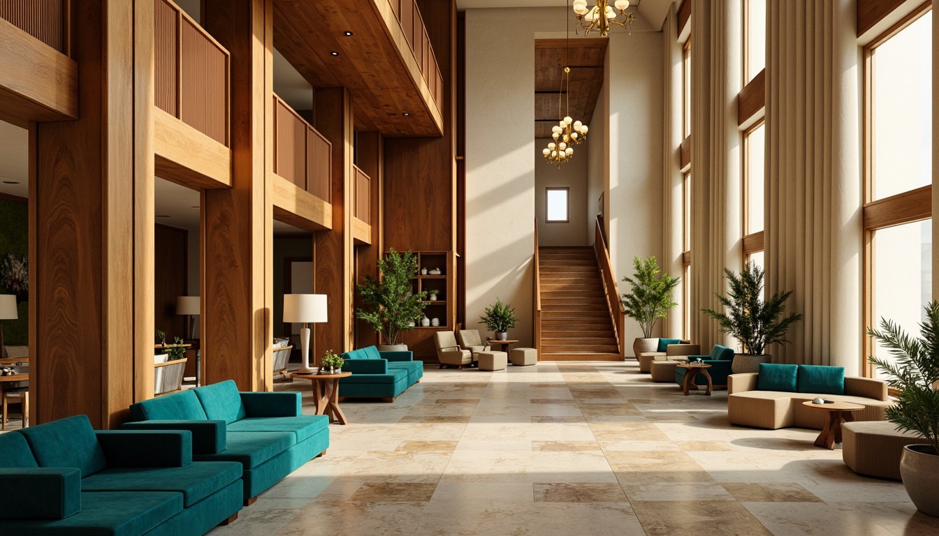 Prompt: Luxurious hotel lobby, rich wood accents, plush velvet furnishings, warm golden lighting, soft cream walls, ornate chandeliers, vibrant turquoise accents, natural stone floors, elegant staircase, modern minimalist decor, comfortable seating areas, sophisticated color scheme, calming atmosphere, inviting ambiance, 1/1 composition, soft focus, warm color temperature, realistic textures.