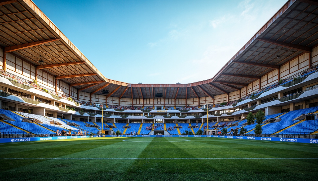 Prompt: Vibrant stadium atmosphere, electric blue seats, bright yellow goalposts, lush green grass, weathered concrete walls, rusty metal beams, dynamic LED lighting, warm sunny day, shallow depth of field, 3/4 composition, panoramic view, realistic textures, ambient occlusion, energetic crowd, excited fans, lively music, bold typography, modern architectural design, sleek curves, geometric patterns, futuristic aesthetic.