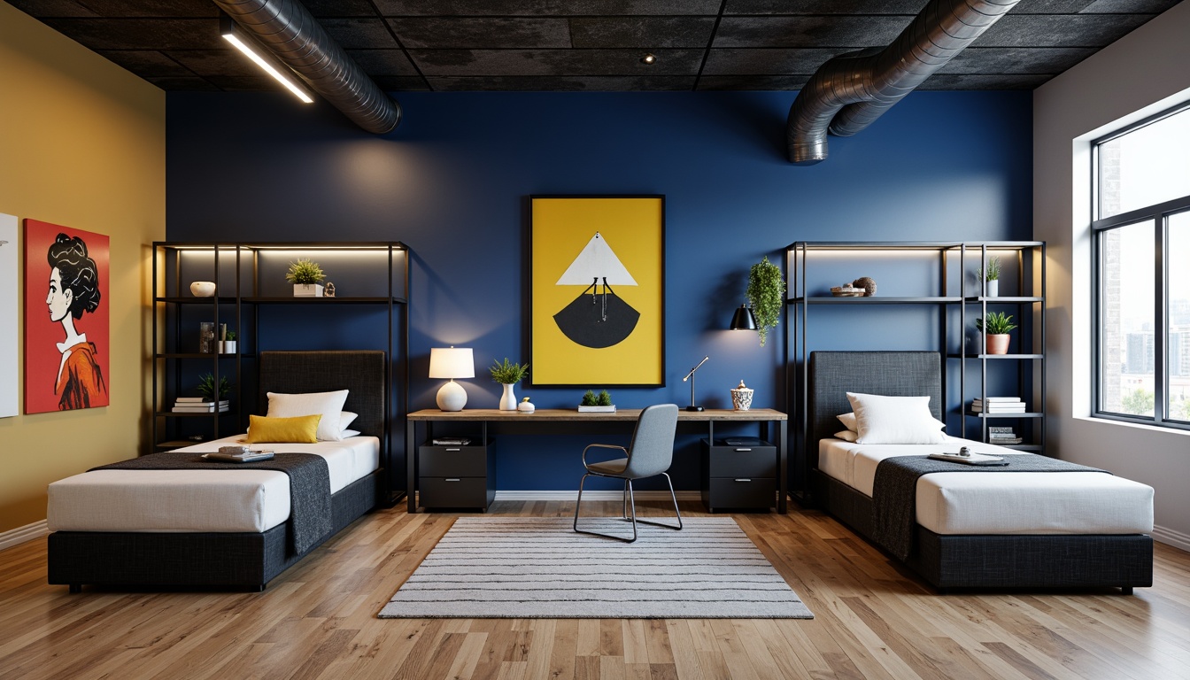 Prompt: Modern dorm room, indigo accent walls, minimalist furniture, geometric patterns, industrial metal frames, functional shelving units, bold color blocking, rectangular shapes, primary color accents, monochromatic bedding, avant-garde decor, abstract artwork, urban loft atmosphere, natural wood flooring, industrial-style lighting fixtures, exposed ductwork, 1/1 composition, high contrast ratio, dramatic shadows, softbox lighting, realistic textures, ambient occlusion.