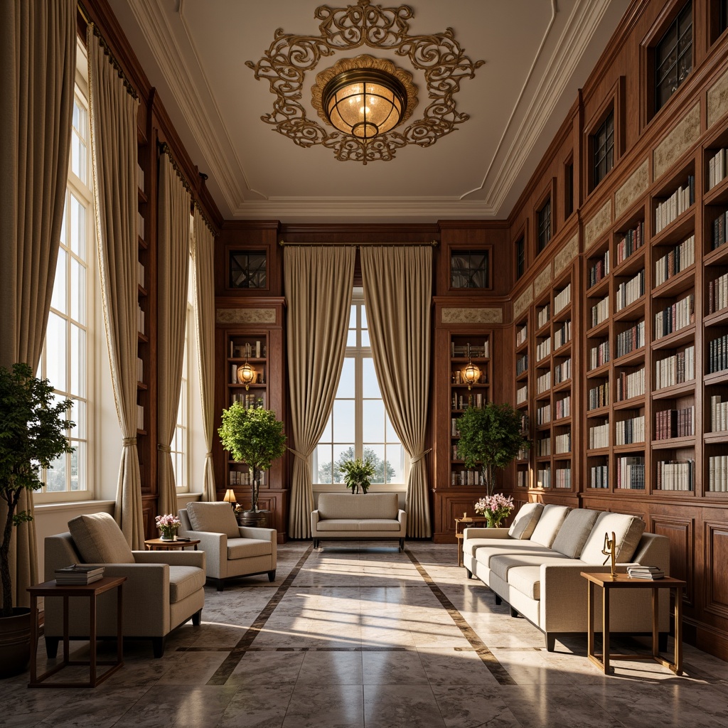 Prompt: Elegant neoclassical library, ornate details, rich wood tones, marble floors, grand high ceilings, intricately carved wooden bookshelves, golden lighting fixtures, creamy white walls, soft beige furniture, luxurious velvet drapes, subtle bronze accents, refined leather-bound books, warm candlelight, shallow depth of field, 1/1 composition, realistic textures, ambient occlusion.