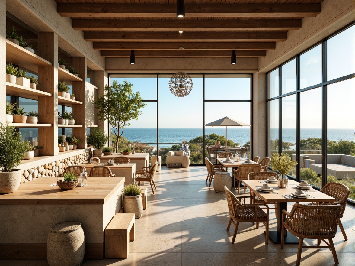 Prompt: Coastal dining hall, calming ocean views, warm sandy tones, soft seafoam greens, weathered wood accents, rustic metal decor, nautical rope details, glass windows, natural stone floors, driftwood-inspired furniture, shells and pebbles decorations, sunny day, soft warm lighting, shallow depth of field, 3/4 composition, panoramic view, realistic textures, ambient occlusion.