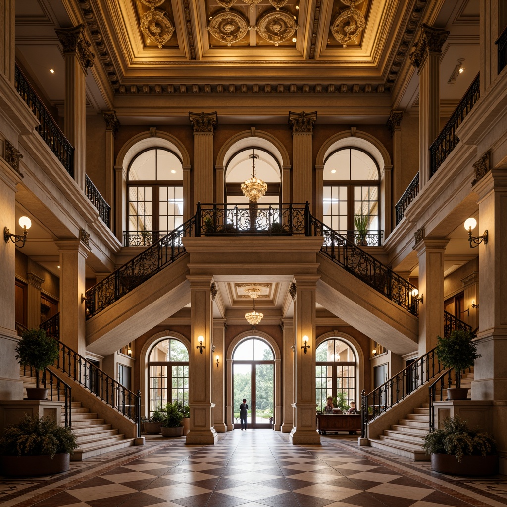 Prompt: Grand neoclassical library facade, ornate stone carvings, ionic columns, symmetrical composition, rusticated base, arched windows, decorative pediments, intricate moldings, grand entrance, sweeping staircases, elegant balustrades, richly patterned marble floors, warm golden lighting, soft focus, shallow depth of field, 2/3 composition, realistic textures, ambient occlusion.