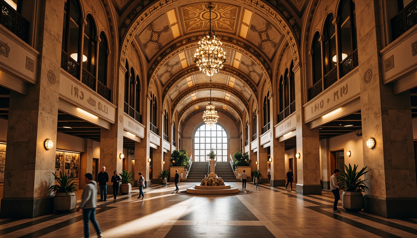 Prompt: Grand metro station, Romanesque archways, ornate stone carvings, vaulted ceilings, grandiose chandeliers, intricate mosaics, marble flooring, elegant staircases, decorative railings, ancient-inspired columns, warm golden lighting, soft focus photography, atmospheric perspective, 1/2 composition, symmetrical framing, rich textures, subtle ambient occlusion.