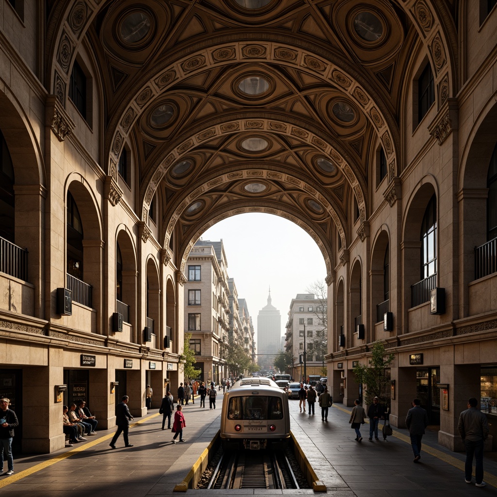 Prompt: Grand metropolitan hub, ornate archways, Romanesque columns, vaulted ceilings, intricate stone carvings, rustic brick walls, modern subway systems, sleek trains, bustling pedestrian traffic, urban cityscape, morning rush hour, soft warm lighting, shallow depth of field, 1/1 composition, realistic textures, ambient occlusion.