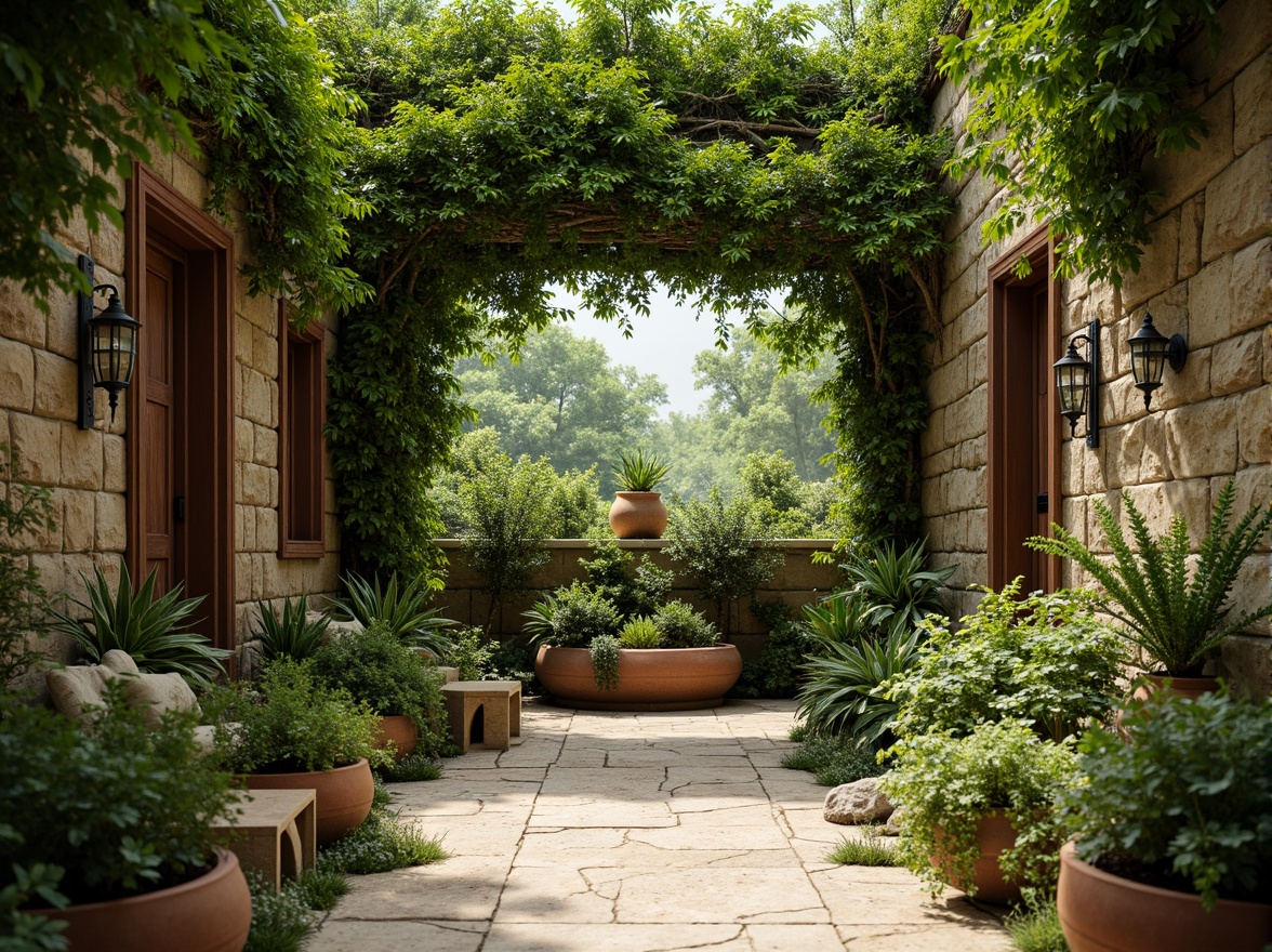 Prompt: Moss-covered stone walls, lush greenery, vibrant botanicals, natural wood accents, earthy terracotta pots, warm beige stonework, soft moss-green hues, organic shapes, whimsical illustrations, rustic metal fixtures, nature-inspired patterns, cozy reading nooks, soft indirect lighting, shallow depth of field, 2/3 composition, intimate atmosphere, realistic textures, ambient occlusion.