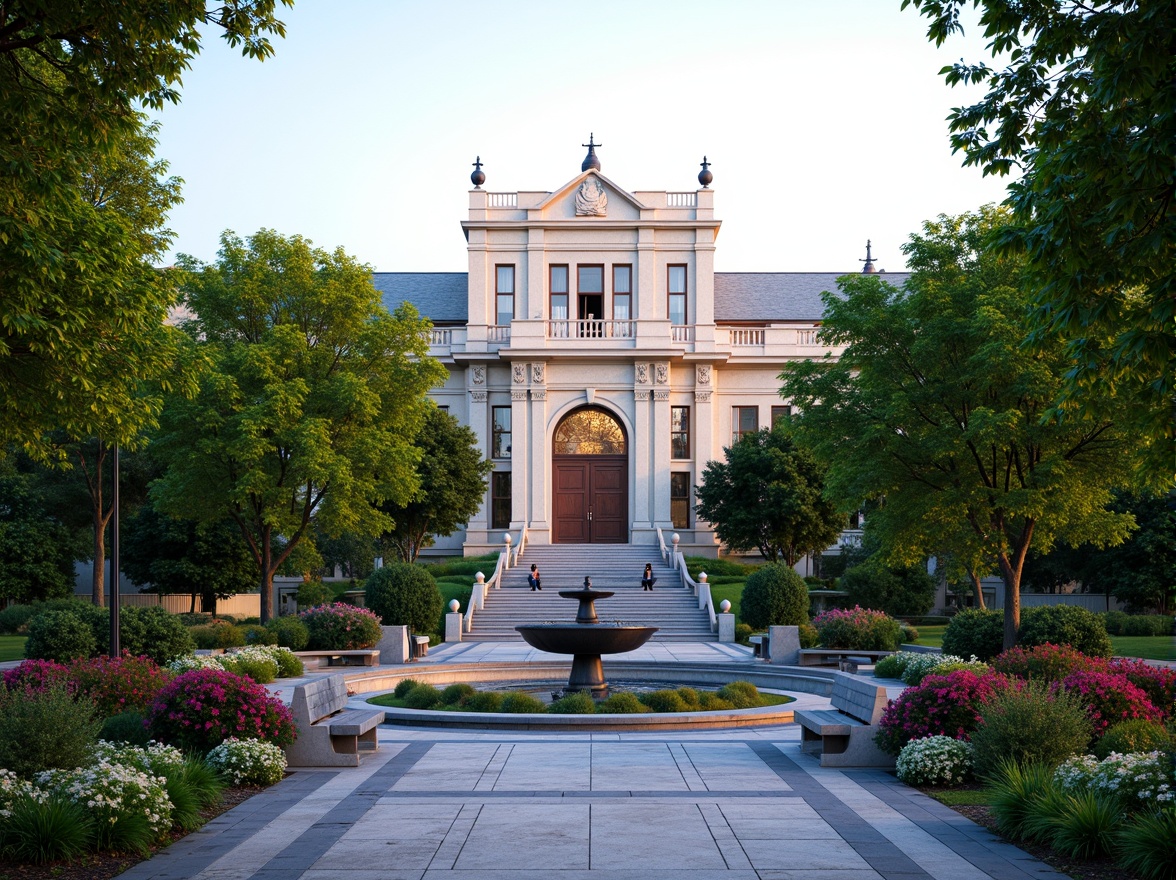 Prompt: Historic monument, academic building, lush greenery, walking paths, memorial benches, blooming flowers, majestic trees, ornate fountains, grand staircases, symmetrical landscaping, natural stone walkways, bronze statues, elegant lighting, warm evening ambiance, shallow depth of field, 3/4 composition, panoramic view, realistic textures, ambient occlusion.Let me know if you need any adjustments!