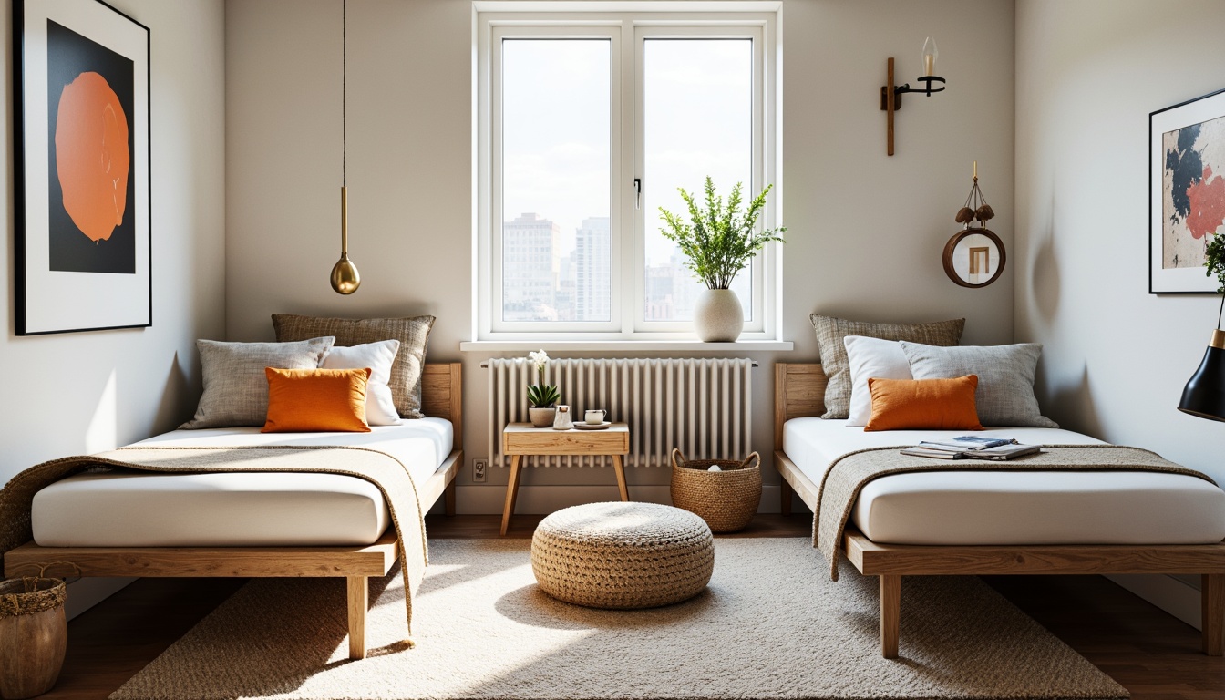 Prompt: Minimalist dorm rooms, functional furniture, geometric textiles, primary color schemes, clean lines, industrial materials, metal frames, wooden accents, woven baskets, abstract artwork, natural light, airy atmosphere, soft box lighting, shallow depth of field, 3/4 composition, realistic textures, ambient occlusion.