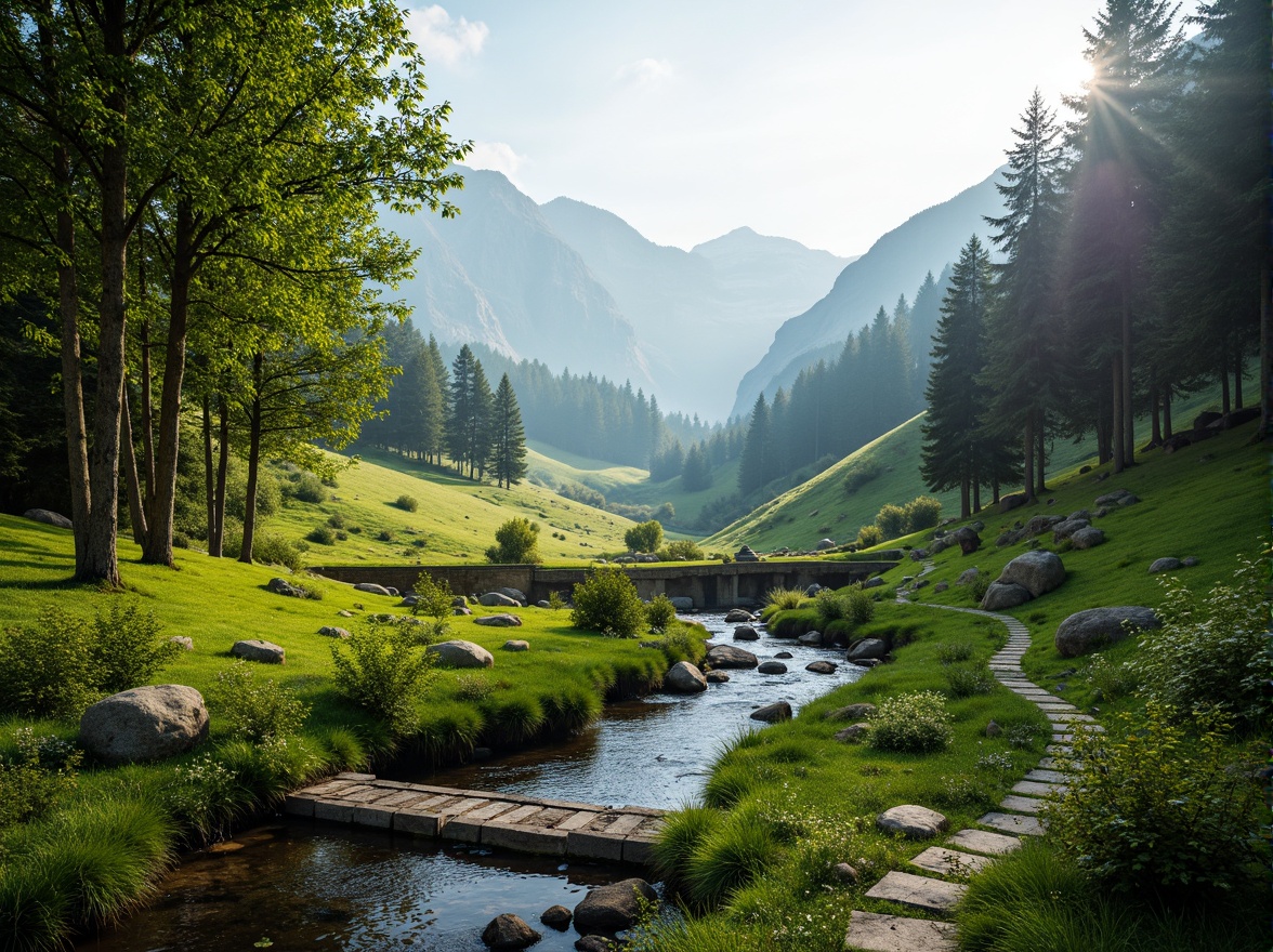 Prompt: Serene valley landscape, lush green meadows, rolling hills, sparkling streams, rustic wooden bridges, natural stone pathways, verdant forests, majestic mountain ranges, misty atmosphere, warm sunlight filtering through trees, gentle breeze rustling leaves, 1/2 composition, shallow depth of field, realistic textures, ambient occlusion, tranquil ambiance.