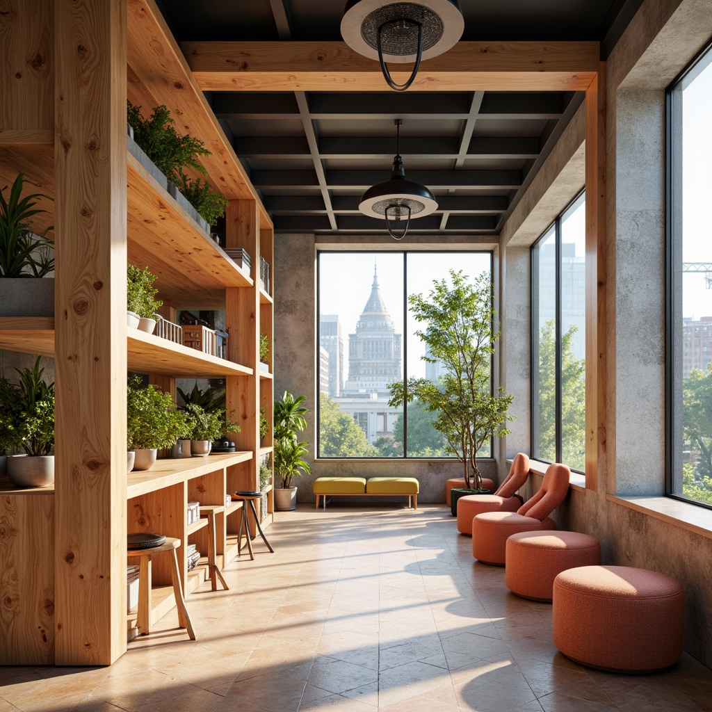 Prompt: Vibrant modern design studio, natural wood accents, sleek metal fixtures, bold bright colors, pastel hues, contrasting textures, urban cityscape background, warm afternoon lighting, shallow depth of field, 1/1 composition, realistic materials, ambient occlusion.