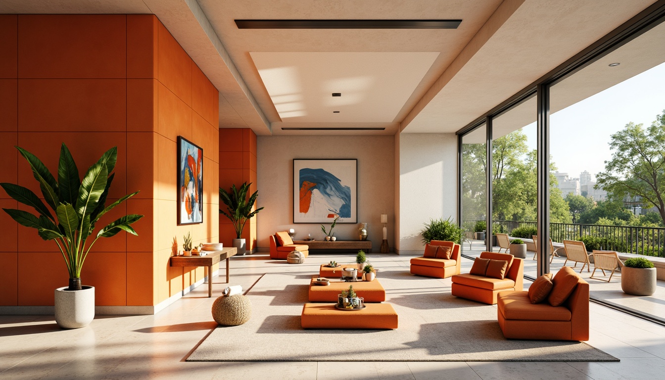 Prompt: Vibrant tangerine hues, warm orange tones, creamy whites, deep blues, lush greens, metallic gold accents, geometric patterns, abstract shapes, futuristic architecture, sleek lines, minimalist design, modern furniture, cozy living room, floor-to-ceiling windows, natural light, soft warm lighting, shallow depth of field, 3/4 composition, panoramic view, realistic textures, ambient occlusion.