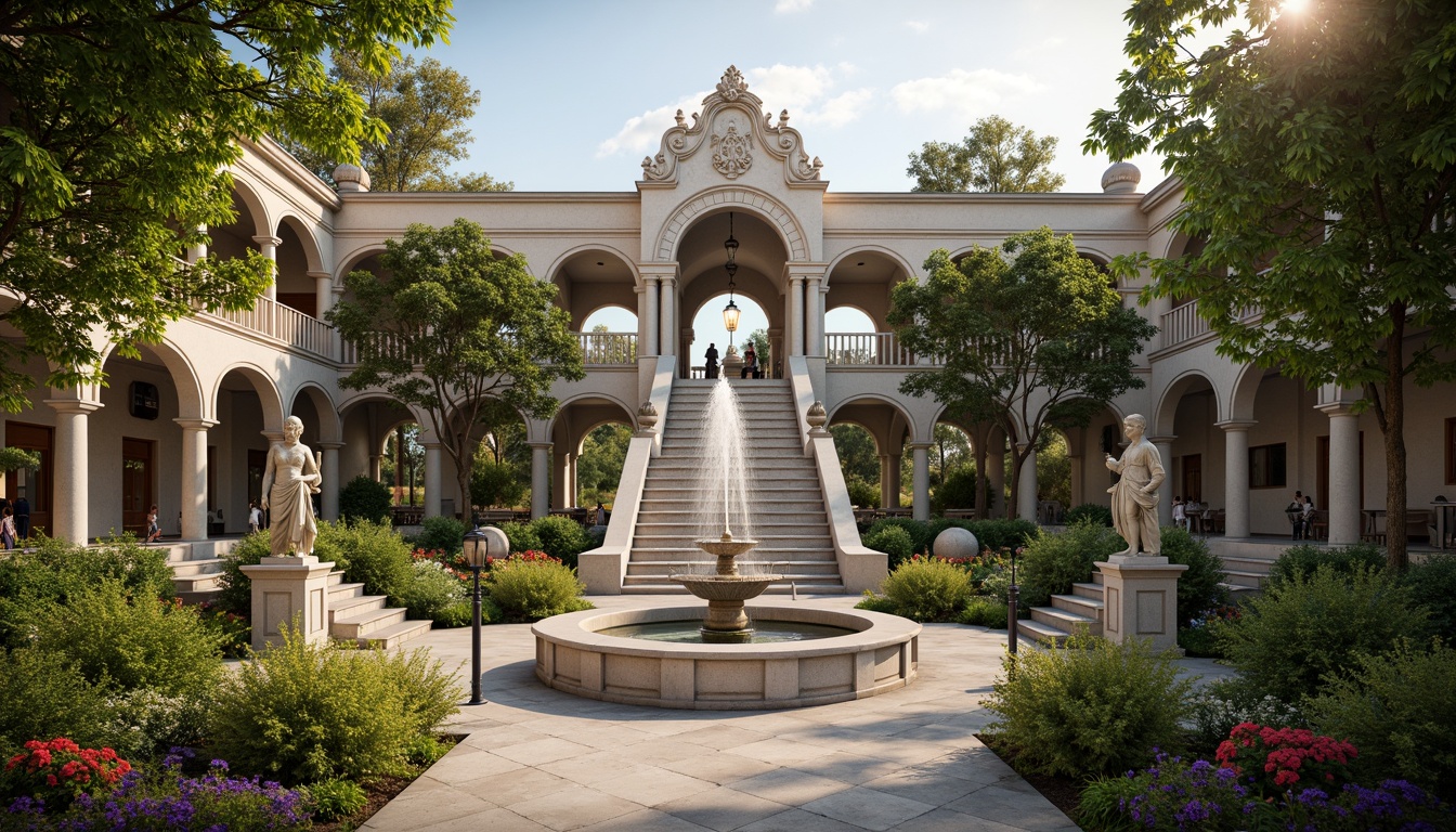 Prompt: Ornate fountains, grand staircases, lush greenery, vibrant flowers, statues of mythological figures, intricately carved stone walls, symmetrical gardens, walkways lined with lanterns, majestic trees, soft warm lighting, shallow depth of field, 3/4 composition, panoramic view, realistic textures, ambient occlusion.