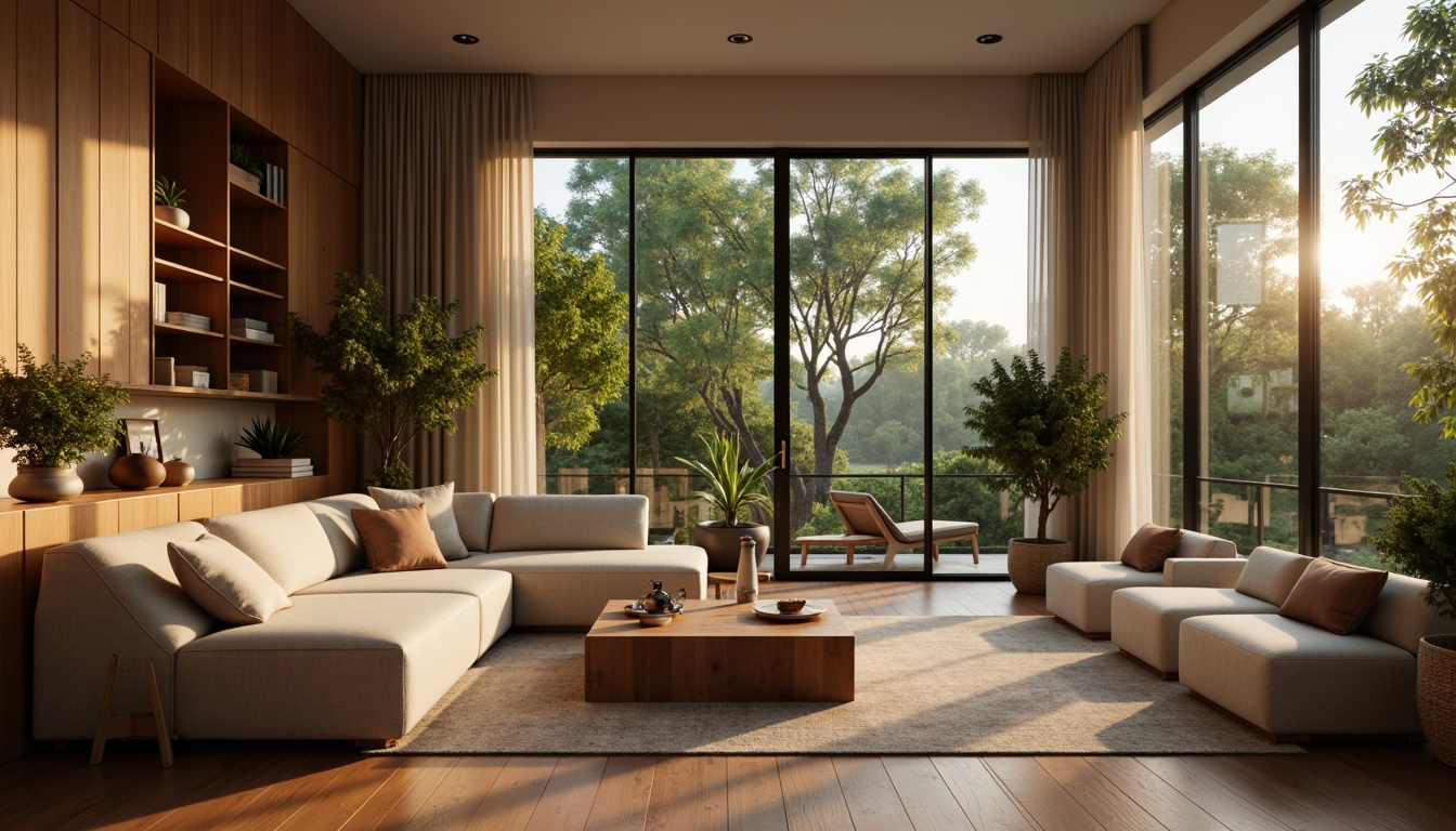 Prompt: Cozy living room, warm beige walls, plush sectional sofa, wooden coffee table, floor-to-ceiling windows, natural light pouring in, lush greenery views, minimalist decor, soft area rugs, ambient lighting, 1/1 composition, intimate atmosphere, realistic textures, subtle color palette, ergonomic furniture design, functional storage solutions, innovative smart home systems, calming ambiance, serene evening mood, shallow depth of field.