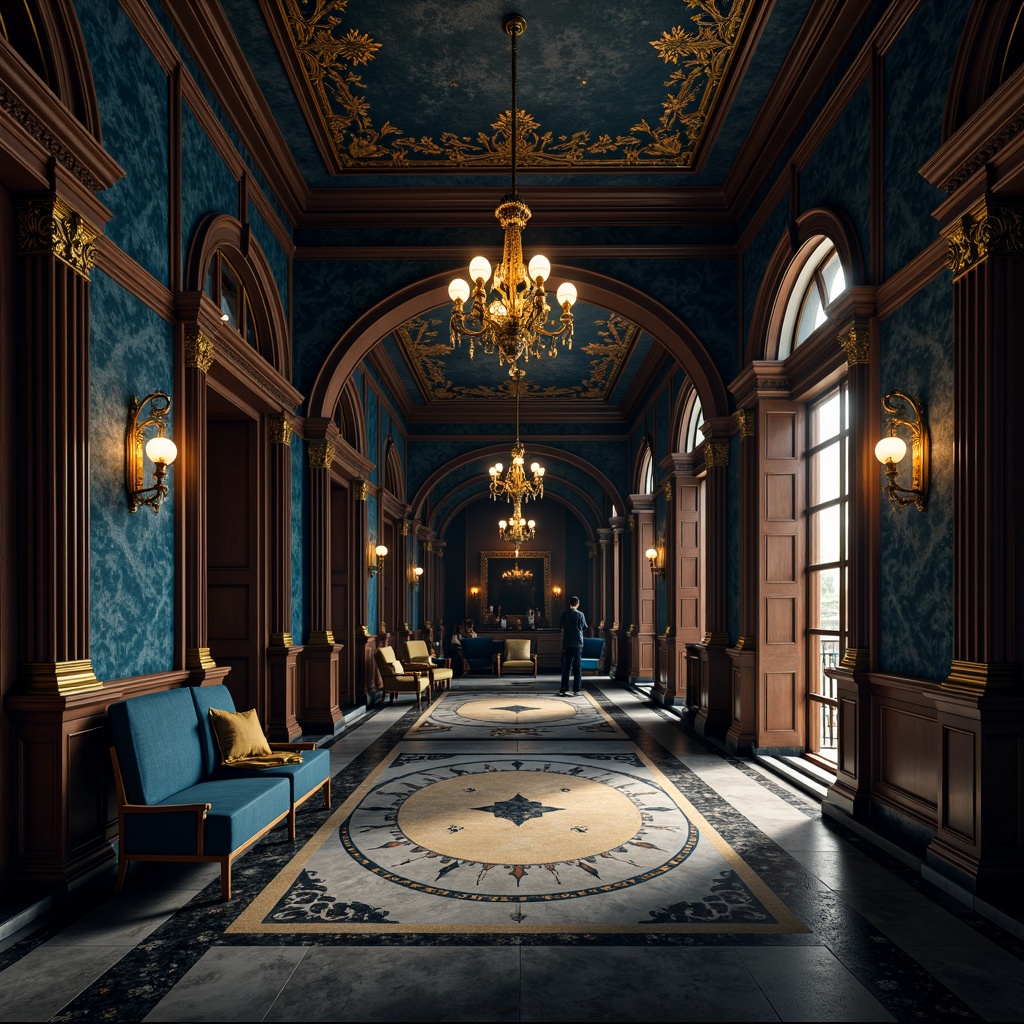 Prompt: Moody Prussian blue accents, rich velvet textures, ornate gold details, majestic archways, grandiose columns, luxurious marble floors, opulent chandeliers, dramatic spotlights, mysterious alcoves, lavish furnishings, regal atmosphere, cinematic lighting, low-key shadows, 1/2 composition, symmetrical framing, warm golden hour, soft focus blur.