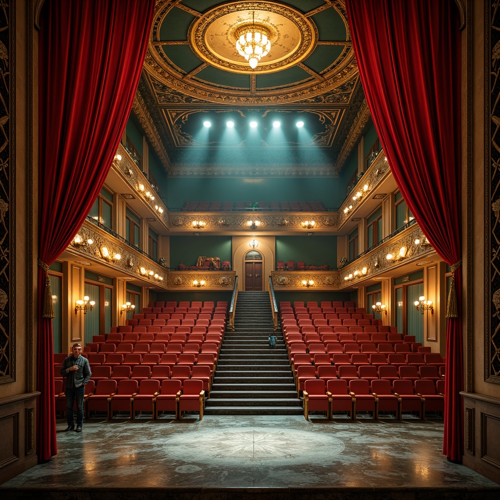 Prompt: Vibrant opera house, rich velvet curtains, golden ornate details, lavish chandeliers, grand staircase, marble floors, intricately carved wooden accents, plush red seats, majestic high ceilings, dramatic spotlights, bold color palette, deep blues, emerald greens, fiery oranges, warm golden hues, soft subtle gradients, realistic metallic reflections, detailed ornate textures, atmospheric misty lighting, shallow depth of field, 1/1 composition, symmetrical framing.