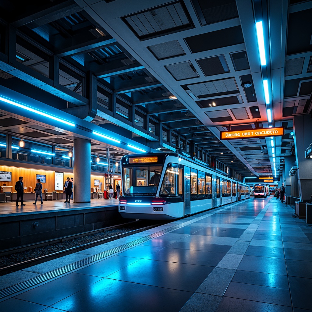 Prompt: Futuristic tram station, neon-lit platforms, sleek metallic surfaces, glowing blue accents, dynamic LED lights, modern minimalist architecture, curved glass roofs, polished steel beams, high-gloss flooring, vibrant orange signage, abstract geometric patterns, advanced ticketing systems, comfortable seating areas, ambient soft lighting, shallow depth of field, 1/1 composition, realistic textures, ambient occlusion.