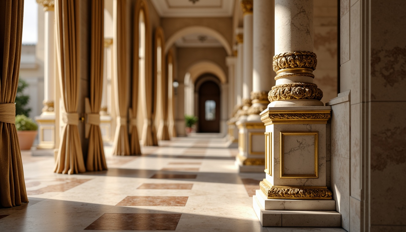 Prompt: Ornate column, twisted rope details, golden accents, rich marble bases, intricately carved capitals, ornamental scrollwork, luxurious velvet drapes, grandiose archways, dramatic lighting effects, warm beige tones, highly polished surfaces, refined architectural proportions, classical inspirations, symmetrical compositions, precise perspective lines, realistic material textures, shallow depth of field.