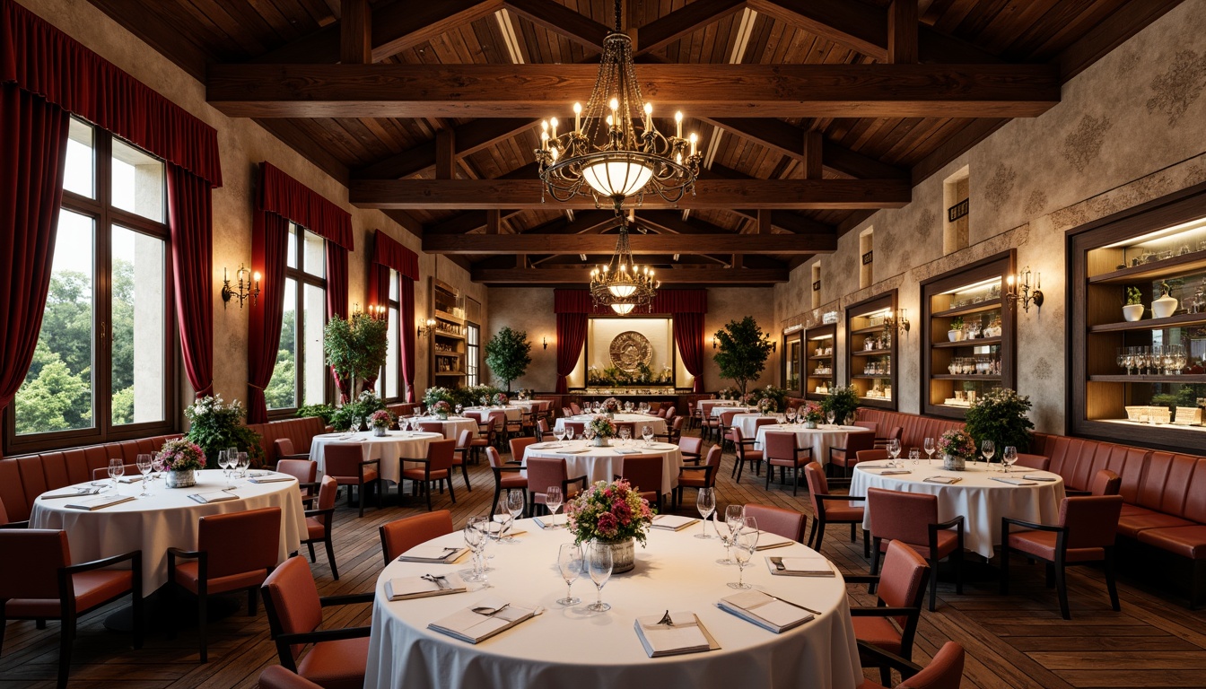 Prompt: Elegant dining hall, rich wood flooring, ornate chandeliers, luxurious velvet drapes, marble tables, comfortable leather chairs, vibrant flower arrangements, warm candlelight, soft background music, exquisite china displays, polished metal cutlery, fine wine glasses, rustic stone walls, lavish greenery, natural light pouring in, shallow depth of field, 1/1 composition, realistic rendering.