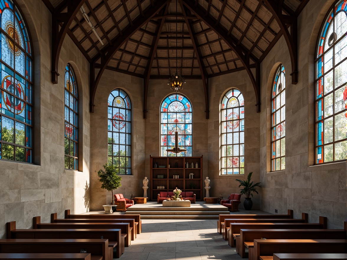 Prompt: Rugged church exterior, brutalist architecture, raw concrete walls, angular lines, fortress-like structure, dramatic natural light, stained glass windows, vibrant color palette, bold red accents, deep blue tones, earthy brown hues, neutral beige backgrounds, industrial materials, metal beams, exposed ductwork, minimalist decor, sacred symbols, abstract patterns, high-contrast lighting, cinematic composition, 1/1 aspect ratio, shallow depth of field.