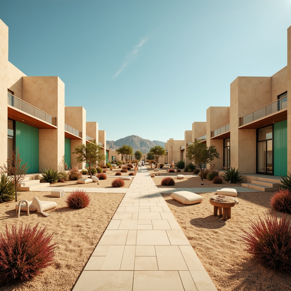 Prompt: Warm beige sandstone, turquoise accents, rusty red earth tones, soft sage greens, creamy ivory whites, metallic silver highlights, brutalist concrete textures, geometric patterned tiles, ambient warm lighting, shallow depth of field, 3/4 composition, panoramic view, realistic renders, desert flora, cactus silhouettes, sandy dune landscapes, clear blue skies, modern urban infrastructure, futuristic architecture, sleek glass surfaces, minimalist design.