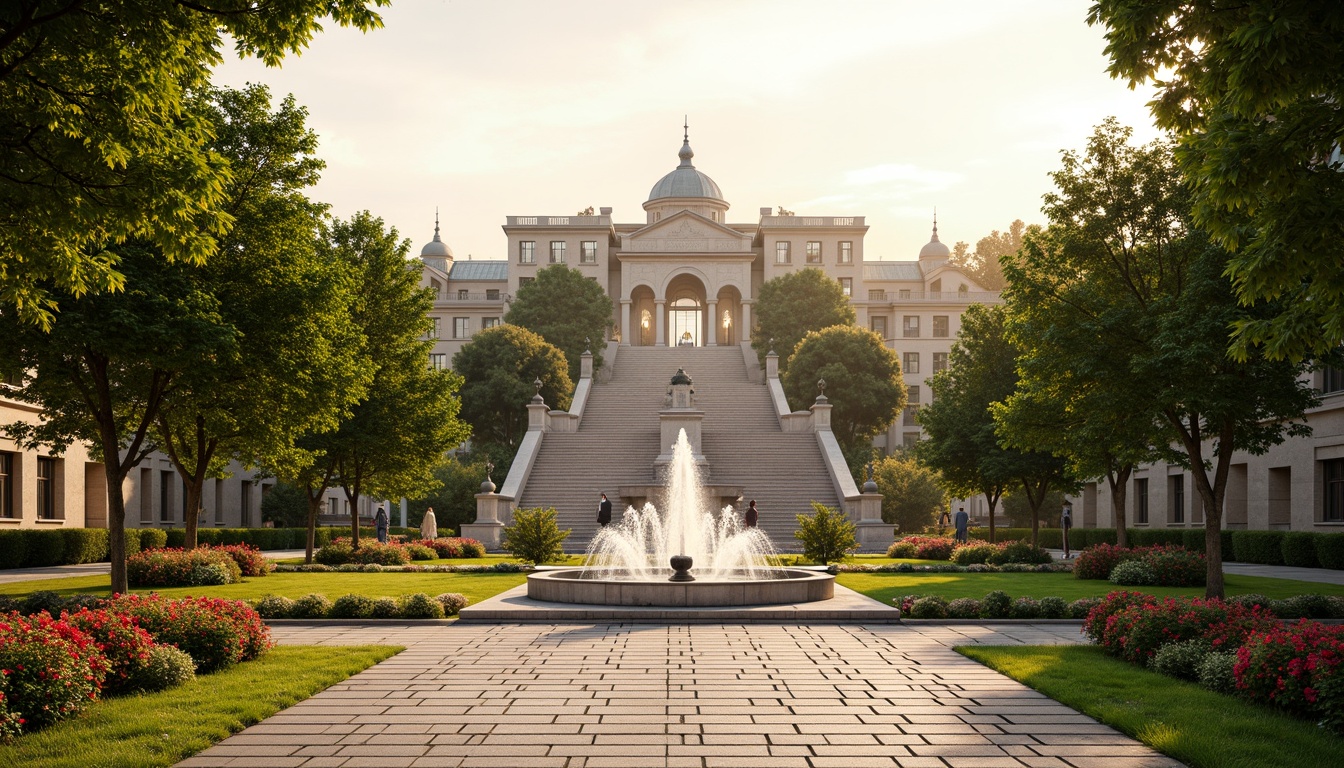 Prompt: Historic monument, grand staircase, ornate fountains, lush greenery, vibrant flowerbeds, walking paths, natural stone pavers, majestic trees, academic buildings, classical architecture, columns, arches, domed roofs, sprawling lawns, scenic overlooks, tranquil ambiance, warm golden lighting, shallow depth of field, 1/2 composition, symmetrical framing, realistic textures, ambient occlusion.