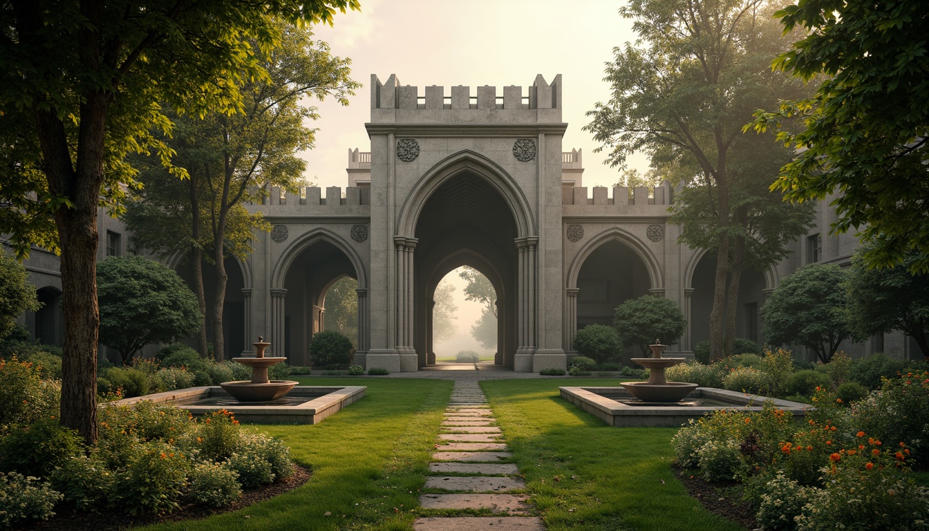 Prompt: Mysterious gothic arches, ornate stone carvings, grandiose entrance gates, lush emerald grass, vibrant wildflowers, meandering pathways, ancient tree clusters, misty dawn atmosphere, soft warm lighting, dramatic shadows, 1/1 composition, symmetrical framing, rich textures, atmospheric fog, medieval-inspired benches, intricate metalwork, ornamental fountains, majestic stone statues, mystical ambiance.