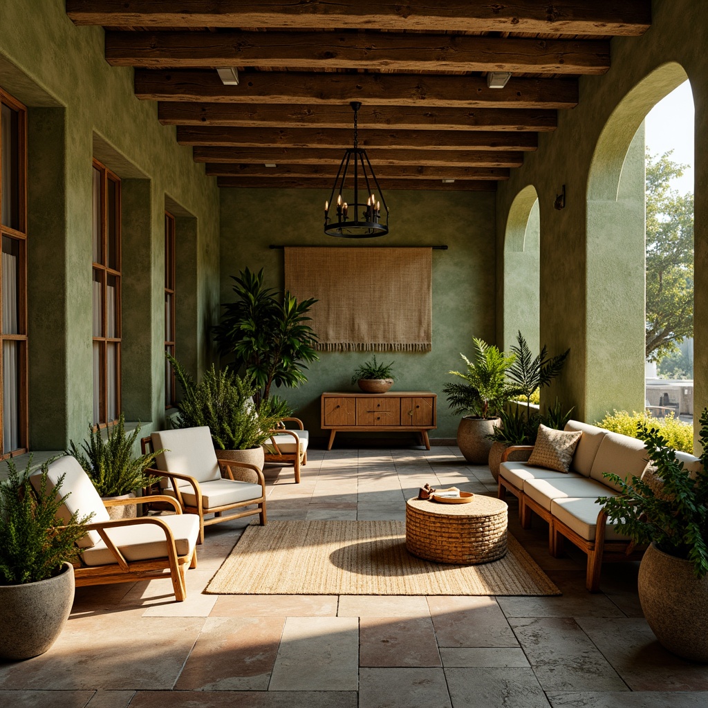 Prompt: Earthy boutique, olive green walls, natural stone flooring, reclaimed wood accents, vintage decor, woven textiles, rattan furniture, lush potted plants, warm golden lighting, soft ambient glow, 1/1 composition, shallow depth of field, realistic textures, ambient occlusion.