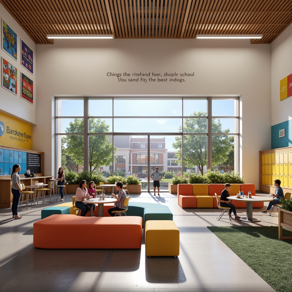 Prompt: Vibrant middle school interior, open floor plan, collaborative learning areas, modular furniture, colorful lockers, interactive whiteboards, comfortable seating zones, natural light influx, wooden accents, inspirational quotes, educational posters, flexible classroom layouts, technology integration, acoustic paneling, soft warm lighting, 3/4 composition, realistic textures, ambient occlusion.