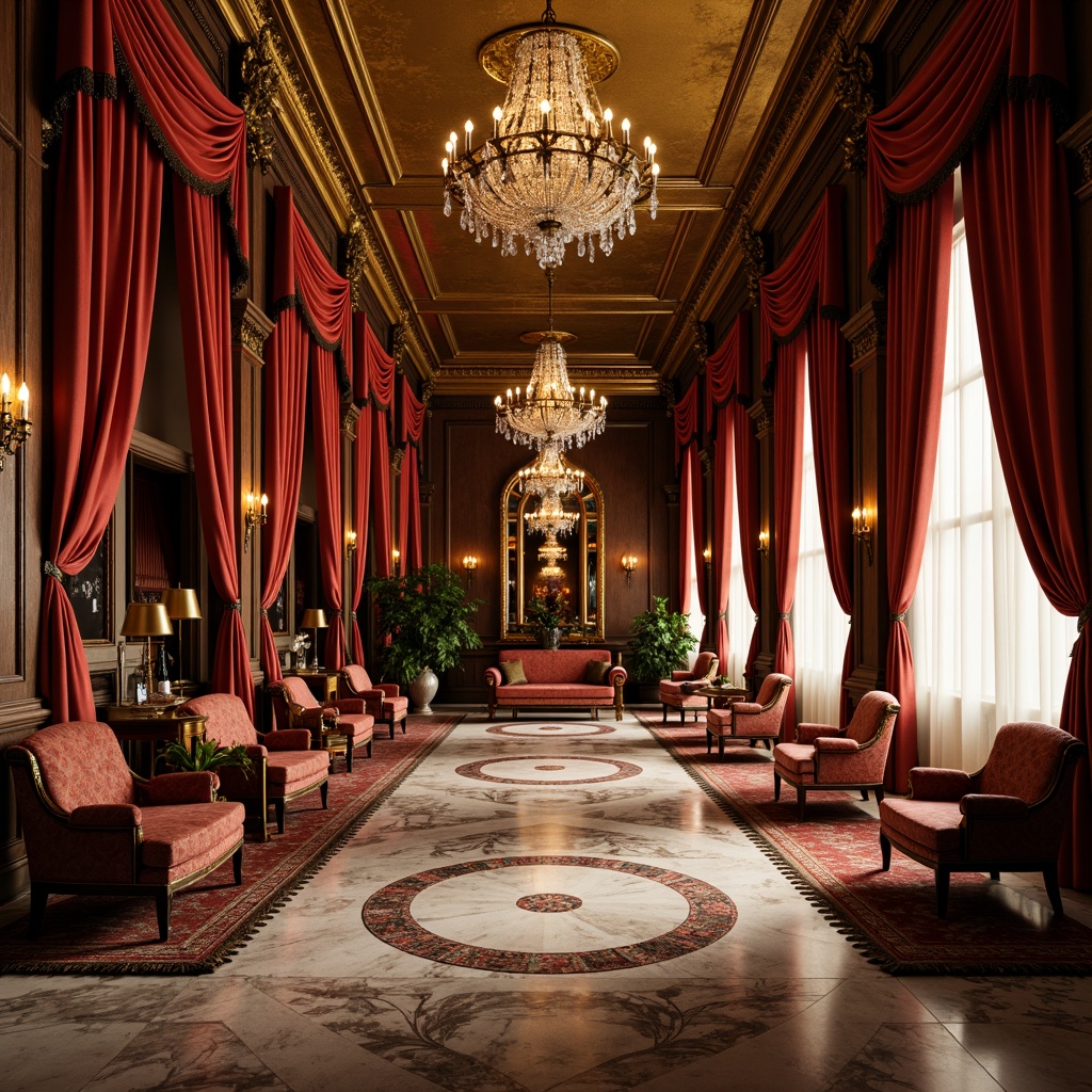 Prompt: Luxurious velvet drapes, ornate gold leaf details, intricately carved wooden furniture, richly patterned marble floors, lavish crystal chandeliers, opulent silk upholstery, heavily ornamented mirrors, dramatic curved lines, grandiose architectural elements, warm golden lighting, soft focus, shallow depth of field, 2/3 composition, atmospheric perspective, highly detailed textures.