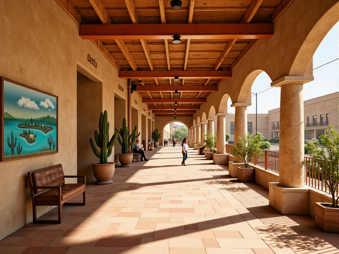 Prompt: Vibrant desert metro station, warm beige walls, sandy terracotta floors, turquoise accents, burnt orange signage, rusty metal railings, cactus-inspired sculptures, arid landscape murals, natural stone columns, geometric patterned tiles, atmospheric misting systems, soft golden lighting, shallow depth of field, 3/4 composition, panoramic view, realistic textures, ambient occlusion.