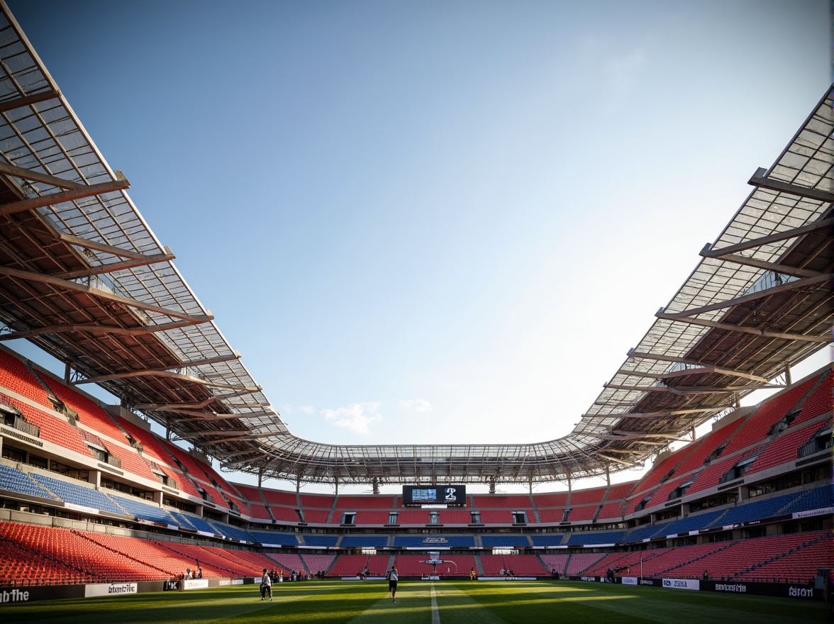 Prompt: Sleek football stadium, cantilevered roofs, minimalist design, lightweight steel frames, tensile fabric membranes, transparent polycarbonate panels, modern architecture, open-air concourses, vibrant team colors, dynamic LED lighting, sunny day, soft warm glow, shallow depth of field, 3/4 composition, panoramic view, realistic textures, ambient occlusion.