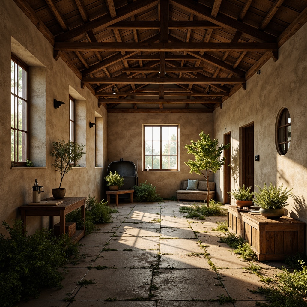 Prompt: Rustic barn, earthy tone palette, weathered wood textures, muted greenery, vintage metal accents, distressed stone walls, natural light filtering through windows, warm beige interior, rich brown wood beams, soft golden lighting, atmospheric mist, shallow depth of field, 1/1 composition, cinematic view, realistic rustic materials, ambient occlusion.