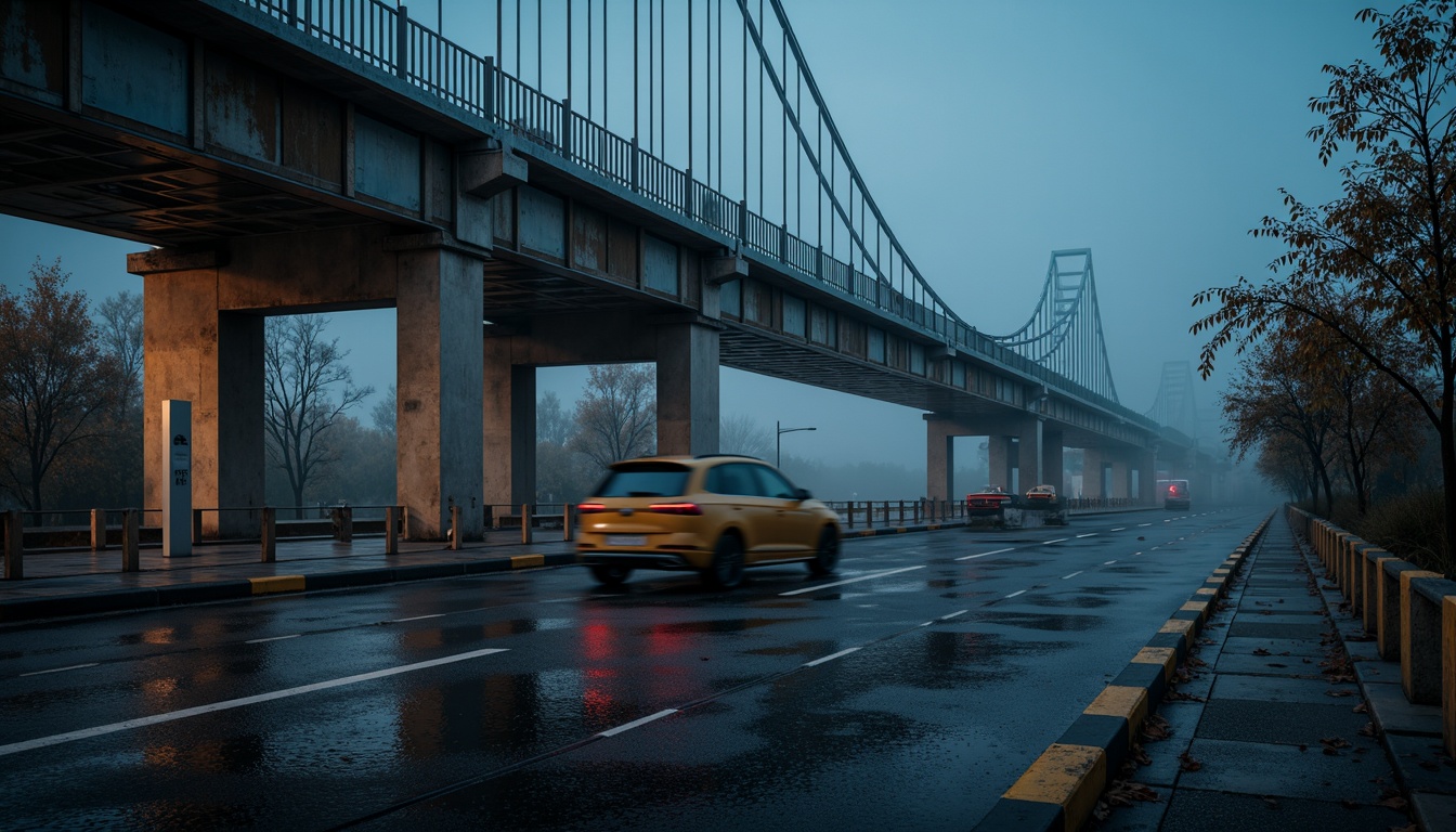 Prompt: Rugged vehicular bridge, sturdy steel beams, reinforced concrete pillars, suspension cables, robust piers, dynamic load calculation, wind resistance analysis, seismic design consideration, anti-corrosion coatings, rust-resistant materials, textured road surfaces, safety railings, overhead lighting systems, nighttime illumination, misty morning atmosphere, shallow depth of field, 1/2 composition, realistic metallic textures, ambient occlusion.