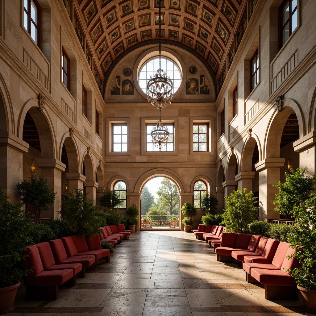 Prompt: Romanesque auditorium interior, grand stone columns, arched windows, vaulted ceilings, ornate frescoes, warm golden lighting, lush greenery, potted plants, natural stone flooring, intricate mosaics, curved wooden benches, rich velvet curtains, ornate chandeliers, soft warm ambiance, shallow depth of field, 1/1 composition, symmetrical view, realistic textures, ambient occlusion.