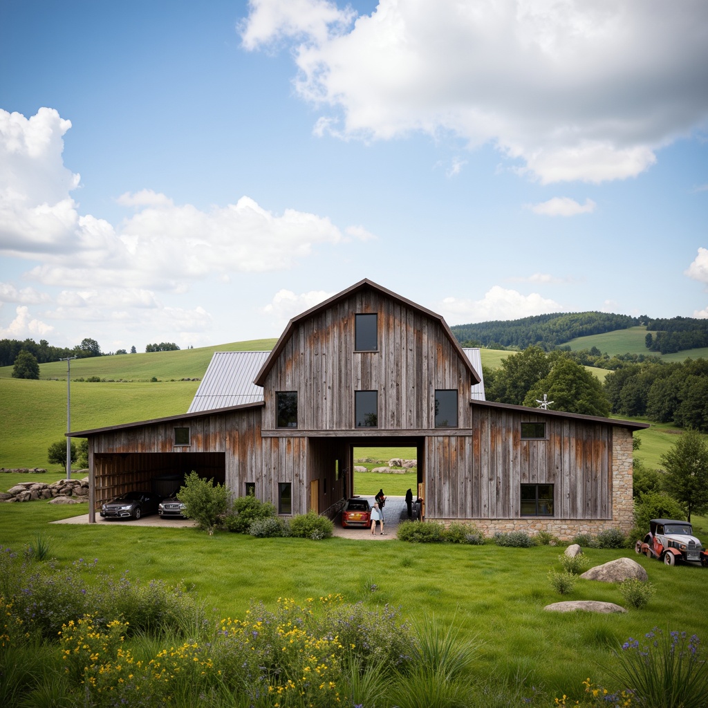 Prompt: Rustic barns, weathered wooden facades, corrugated metal roofs, hayloft windows, vintage farm equipment, rolling hills, lush green pastures, wildflowers, natural stone foundations, earthy color palette, distressed textures, warm soft lighting, shallow depth of field, 1/1 composition, symmetrical framing, serene atmosphere, peaceful rural landscape, blue sky with white clouds, gentle breeze, natural ventilation systems, reclaimed wood accents, modern farmhouse interiors, cozy living spaces.