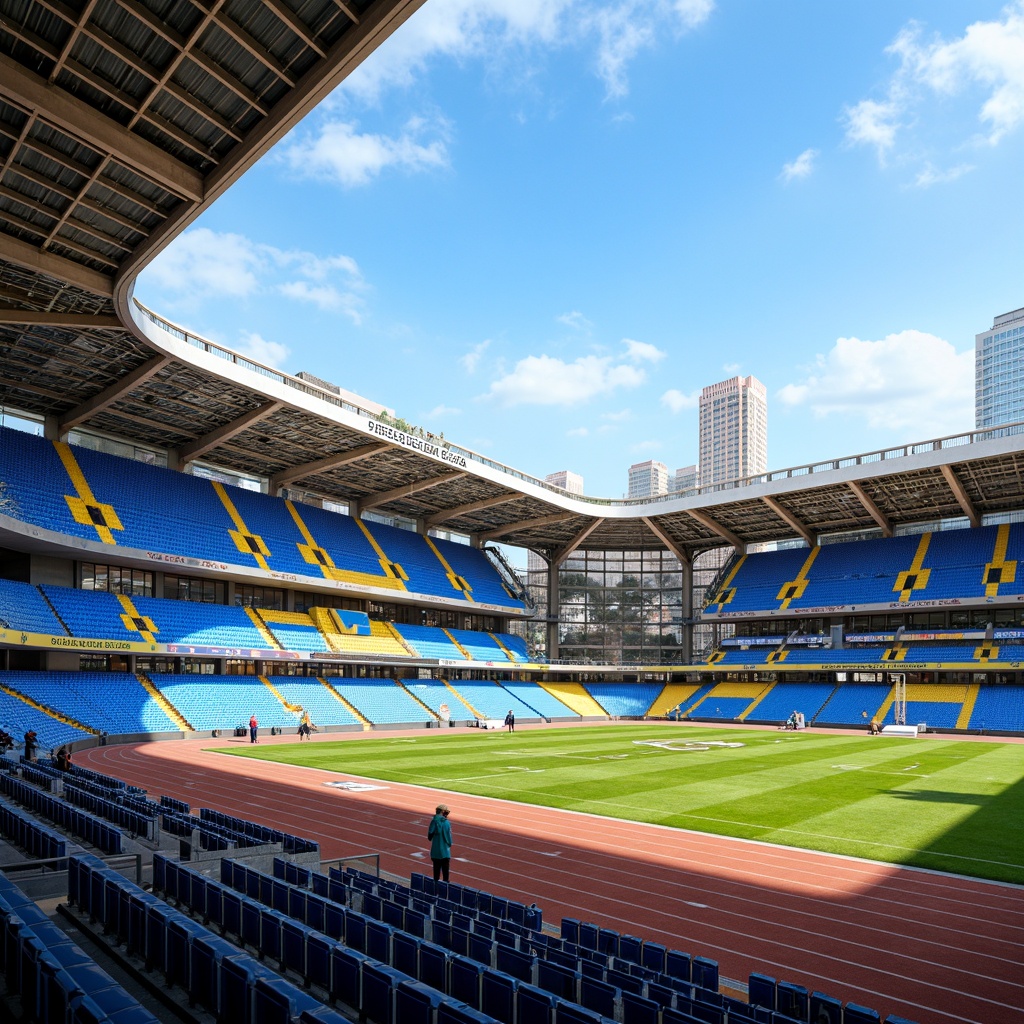 Prompt: Vibrant stadium architecture, dynamic seating areas, electric blue accents, bold yellow highlights, sleek metallic structures, transparent glass facades, modern LED lighting systems, lush green grass fields, athletic track lanes, sports-themed murals, urban cityscape backdrops, clear sunny day, high-contrast shadows, shallow depth of field, 2/3 composition, cinematic camera angles, realistic reflections, ambient occlusion.Let me know if you need any adjustments!