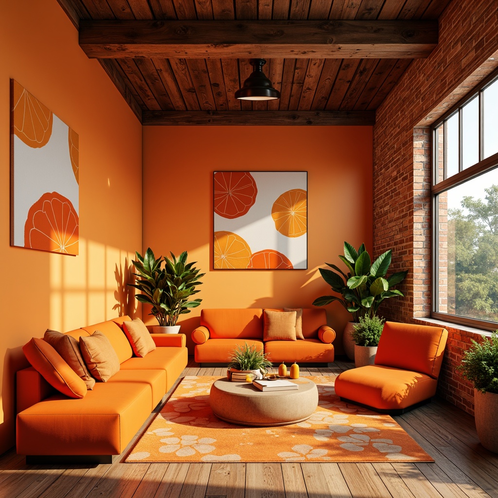 Prompt: Vibrant tangerine hues, warm sunny day, bright citrus colors, playful rounded shapes, smooth glossy surfaces, modern minimalist decor, sleek metal accents, bold geometric patterns, dynamic abstract art, trendy urban loft, industrial chic atmosphere, exposed brick walls, reclaimed wood floors, cozy plush furniture, soft warm lighting, shallow depth of field, 1/2 composition, realistic textures, ambient occlusion.