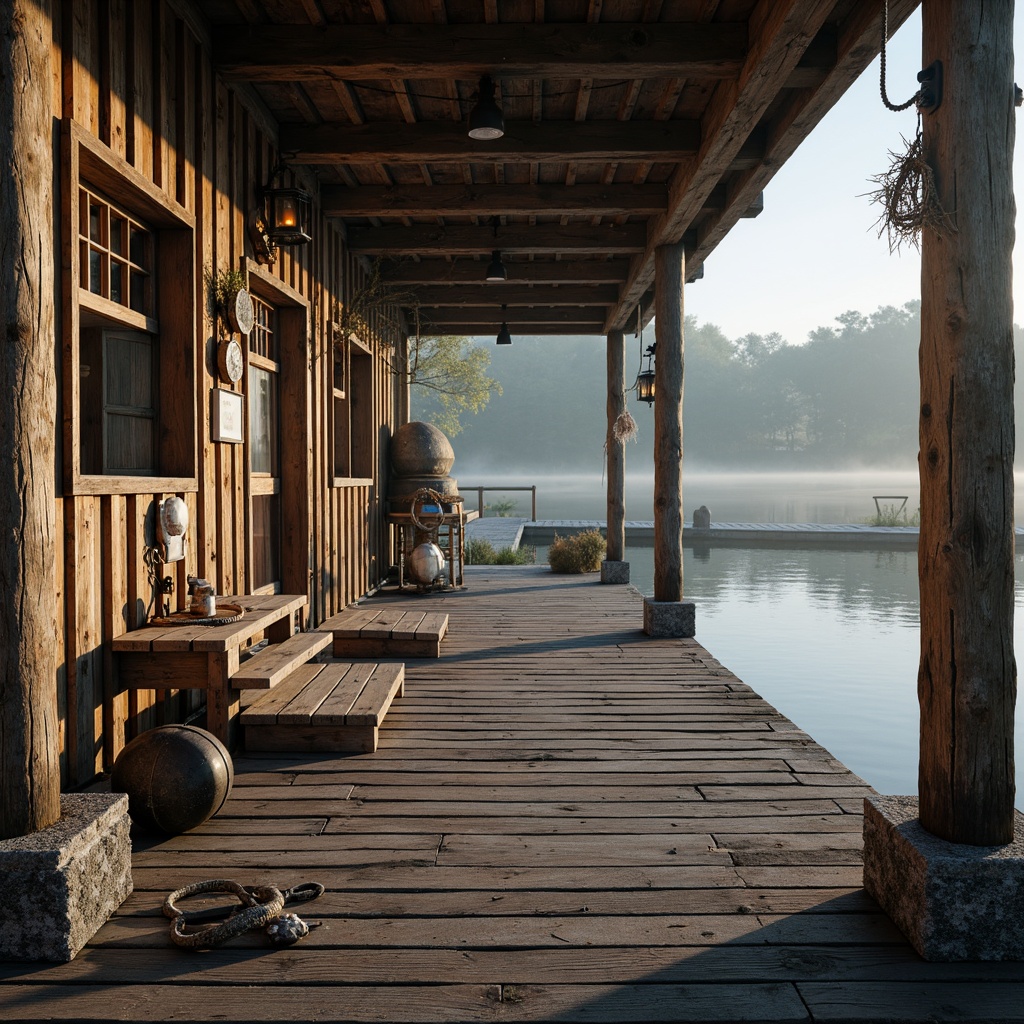 Prompt: Rustic boathouse, wooden docks, weathered planks, nautical ropes, lanterns, fishing nets, seashells, driftwood decorations, vintage anchors, distressed paint finishes, natural stone foundations, waterfront location, serene lake views, misty morning atmosphere, soft warm lighting, shallow depth of field, 1/1 composition, realistic textures, ambient occlusion.