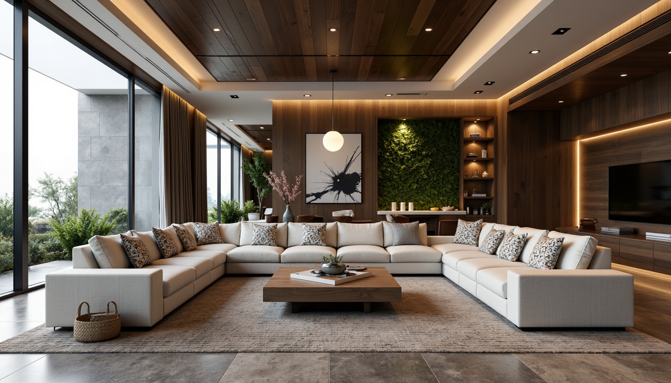 Prompt: Modern luxury living room, sleek minimalist decor, floor-to-ceiling windows, natural stone flooring, plush area rugs, comfortable sectional sofas, geometric patterned throw pillows, ambient LED lighting, recessed shelves, abstract artwork, greenery walls, wooden accents, metallic trim, 1/1 composition, shallow depth of field, soft warm lighting, realistic textures.