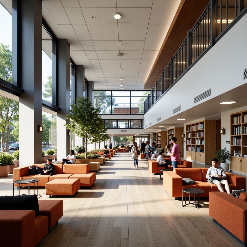 Prompt: Modern student hall, open-plan common area, minimalist furniture, sleek metal frames, cozy reading nooks, built-in shelving units, comfortable sofas, vibrant color accents, natural wood flooring, large windows, abundant daylight, soft warm lighting, 3/4 composition, panoramic view, realistic textures, ambient occlusion.