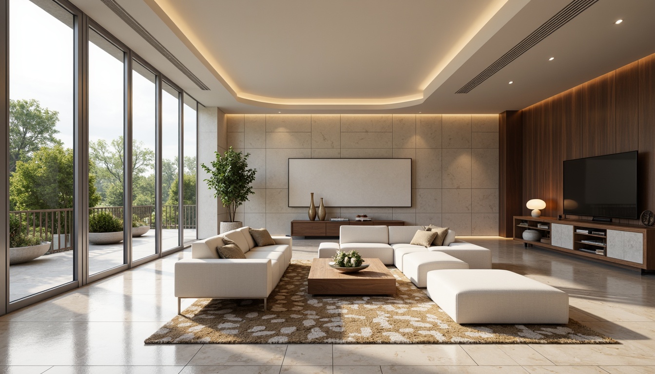 Prompt: Minimalist living room, curved lines, monochromatic color scheme, sleek metal accents, polished marble floors, floor-to-ceiling windows, sliding glass doors, open-plan layout, built-in shelving units, hidden LED lighting, soft ambient glow, 1/1 composition, shallow depth of field, warm beige tones, comfortable lounge seating, geometric patterned rugs, greenery accents, natural textiles, airy atmosphere, subtle minimalist decor.